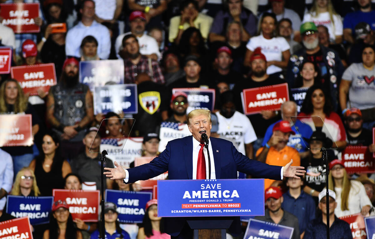 FILE - Former President Donald Trump speaks during a rally at the Mohegan Sun Arena in Wilkes-B ...