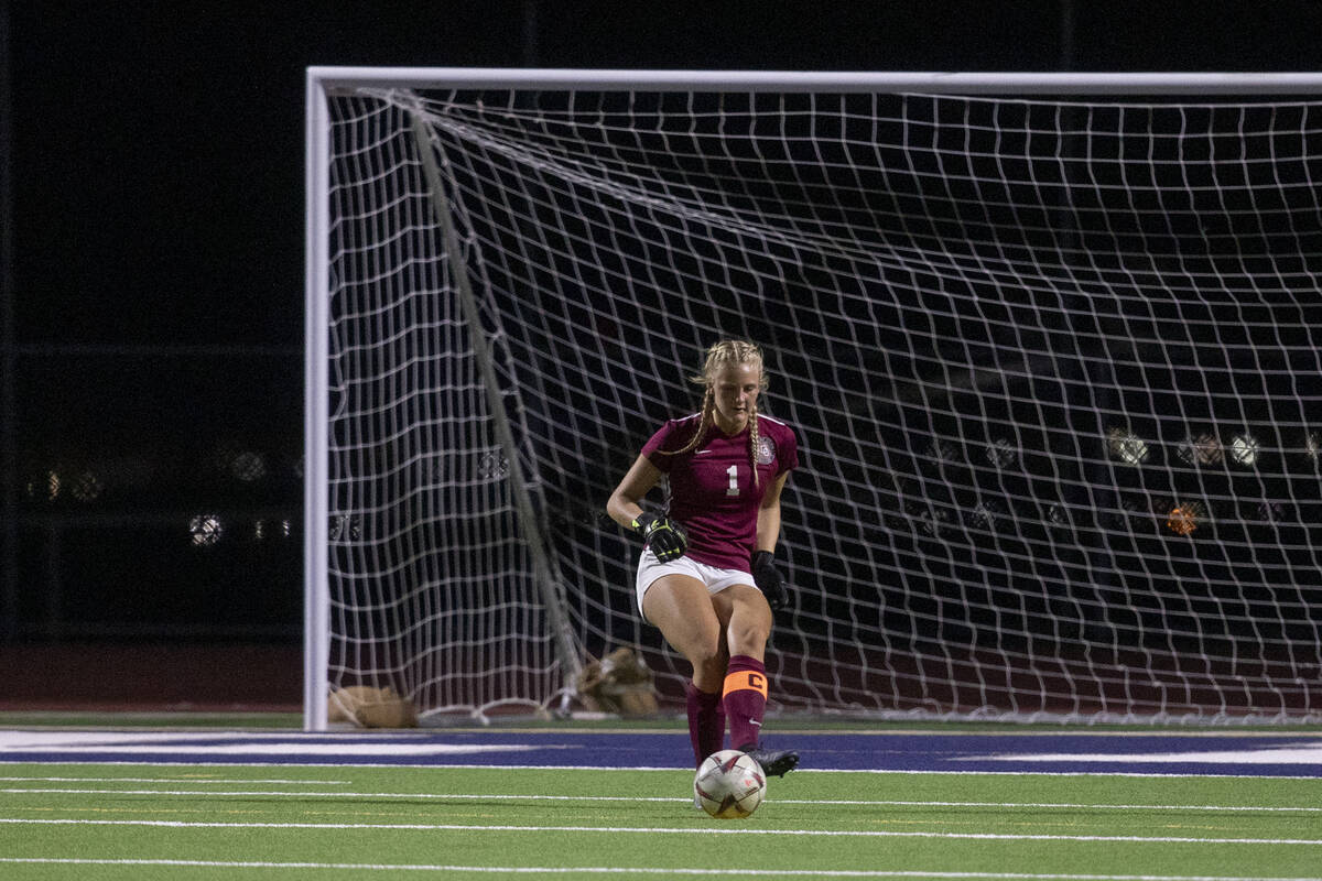 Desert Oasis goalie Bryanna Perry (1) clears the ball during their game at Centennial High Scho ...