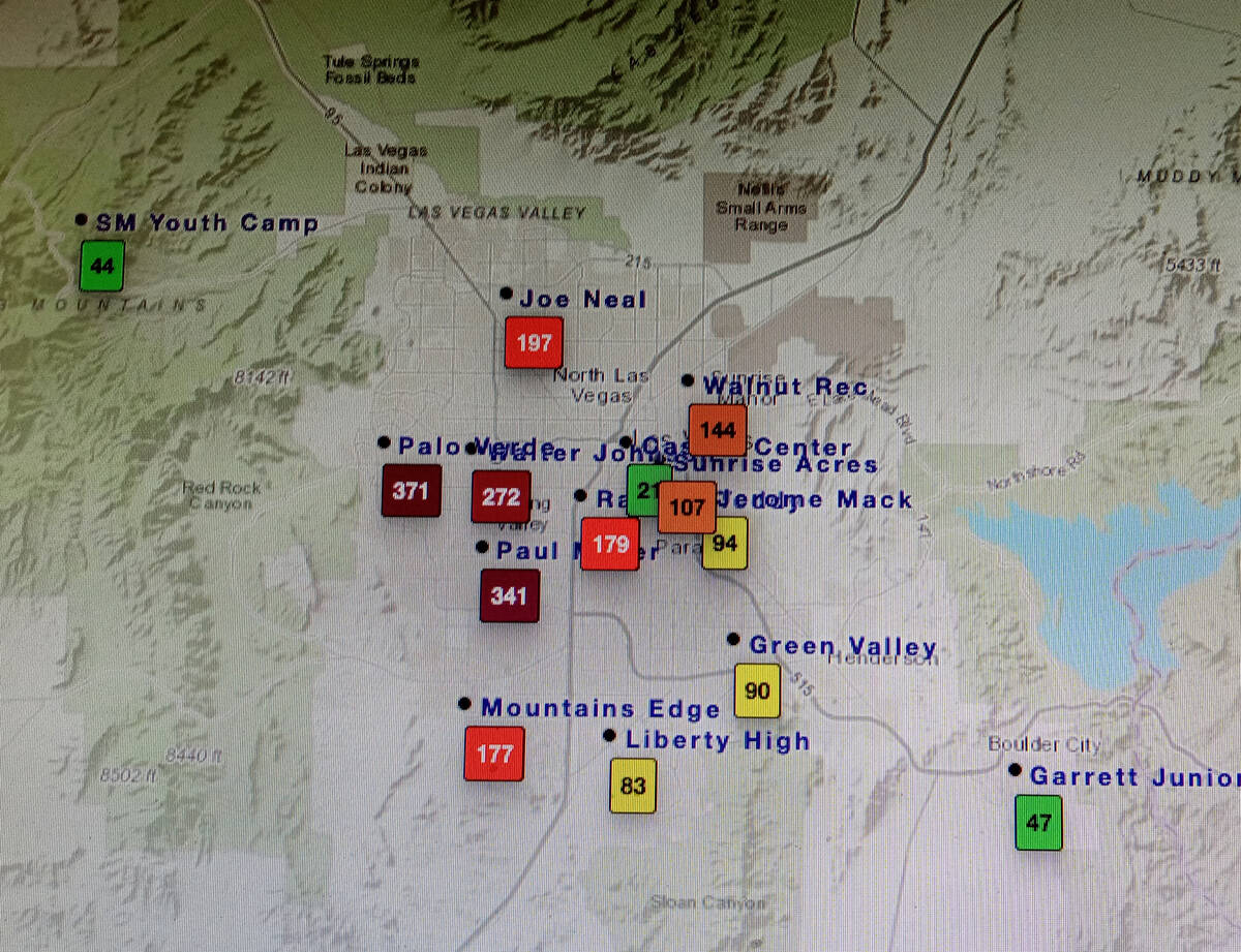 The air quality map for the Las Vegas area as of 11:30 a.m. Friday, Sept. 9, 2022. (Clark County)