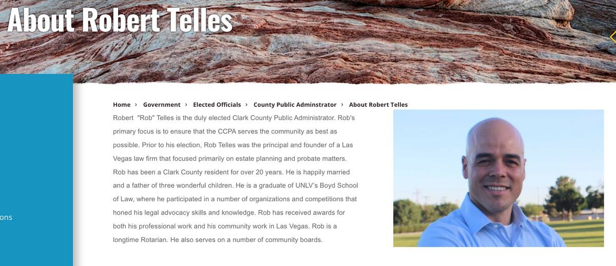 The Clark County website bio for Robert Telles as shown on Sept. 7, 2022.