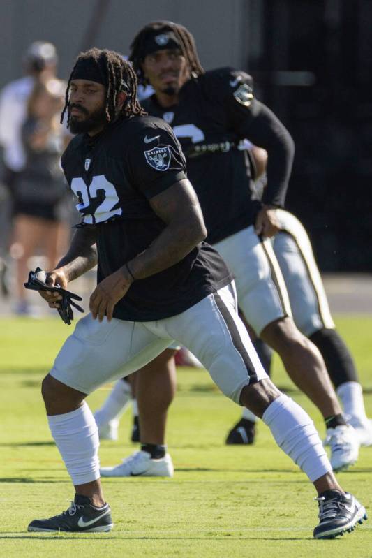 Raiders running back Ameer Abdullah (22) stretches during the team’s training camp pract ...