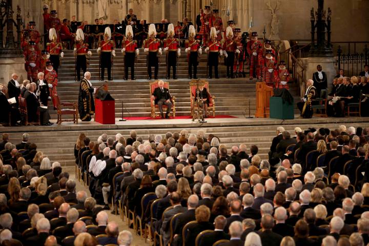 Members of Parliament attend a visit by Britain's King Charles III and Camilla, the Queen Conso ...