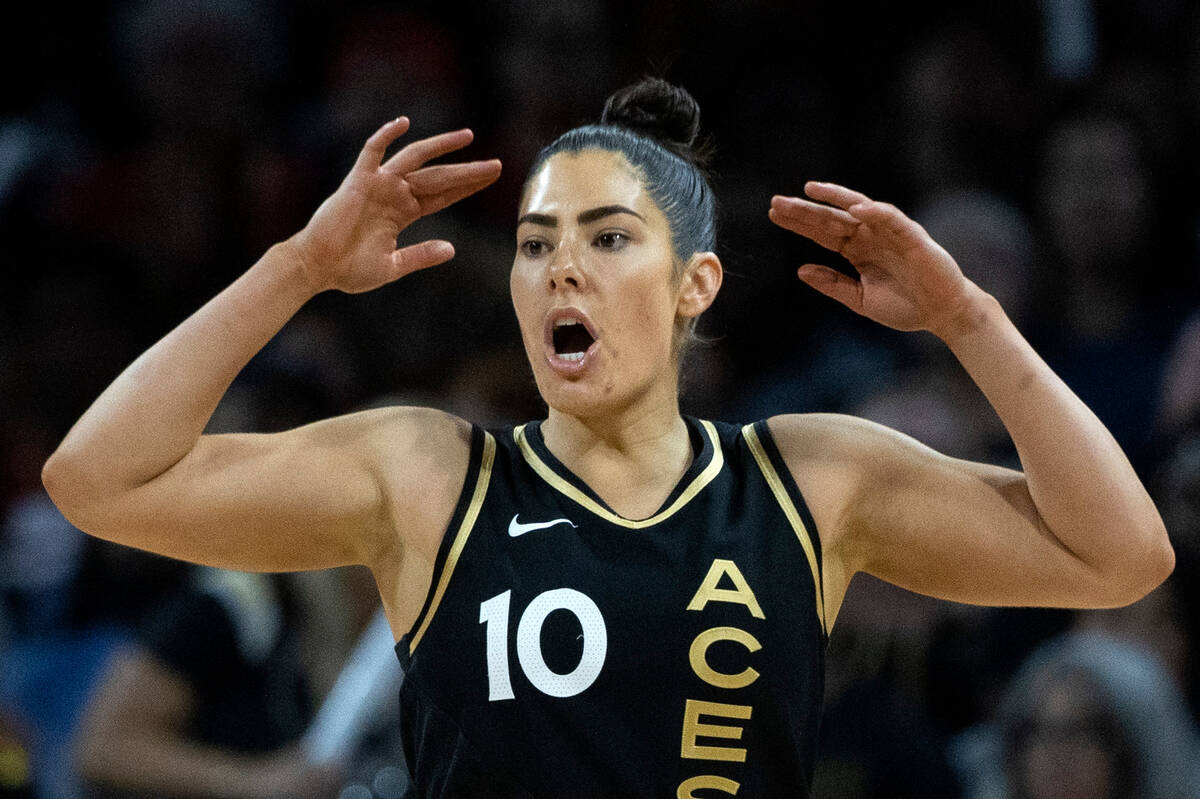 Las Vegas Aces guard Kelsey Plum (10) reacts to a referee’s call during the second half ...