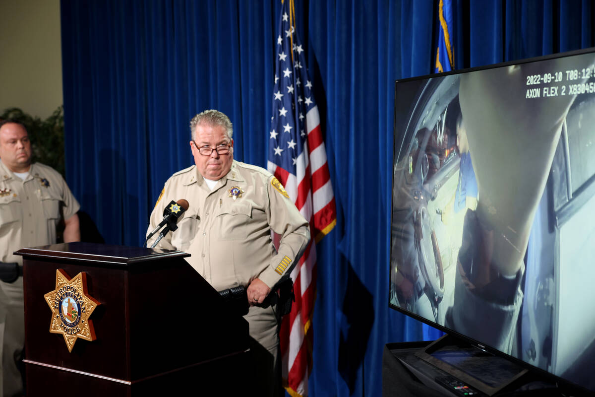 Las Vegas police Assistant Sheriff John McGrath shows body worn camera video from Officer Tiern ...