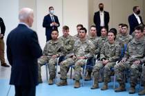 President Joe Biden speaks to members of the 82nd Airborne Division at the G2A Arena, Friday, M ...