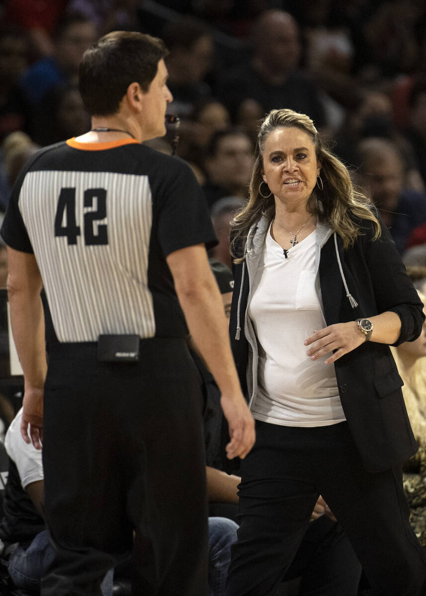 Las Vegas Aces head coach Becky Hammon shouts at a referee during the first half in Game 2 of a ...