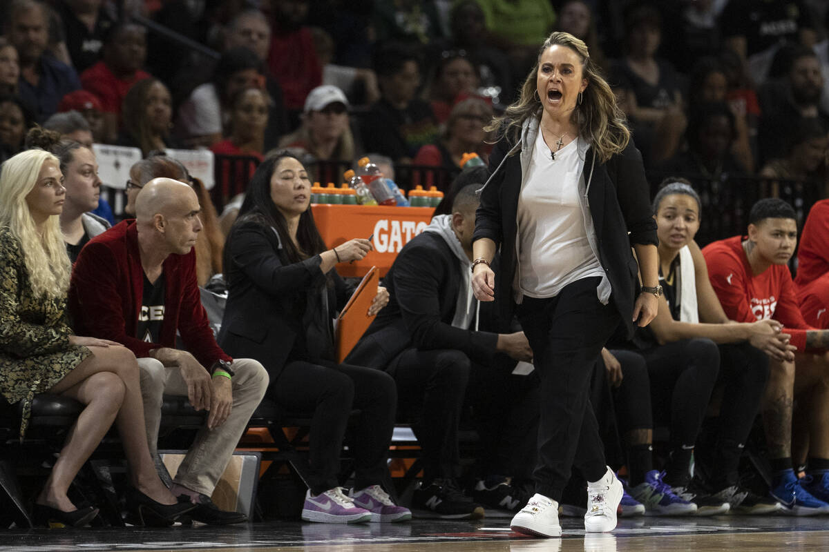 Las Vegas Aces head coach Becky Hammon paces down the sidelines during the first half in Game 2 ...