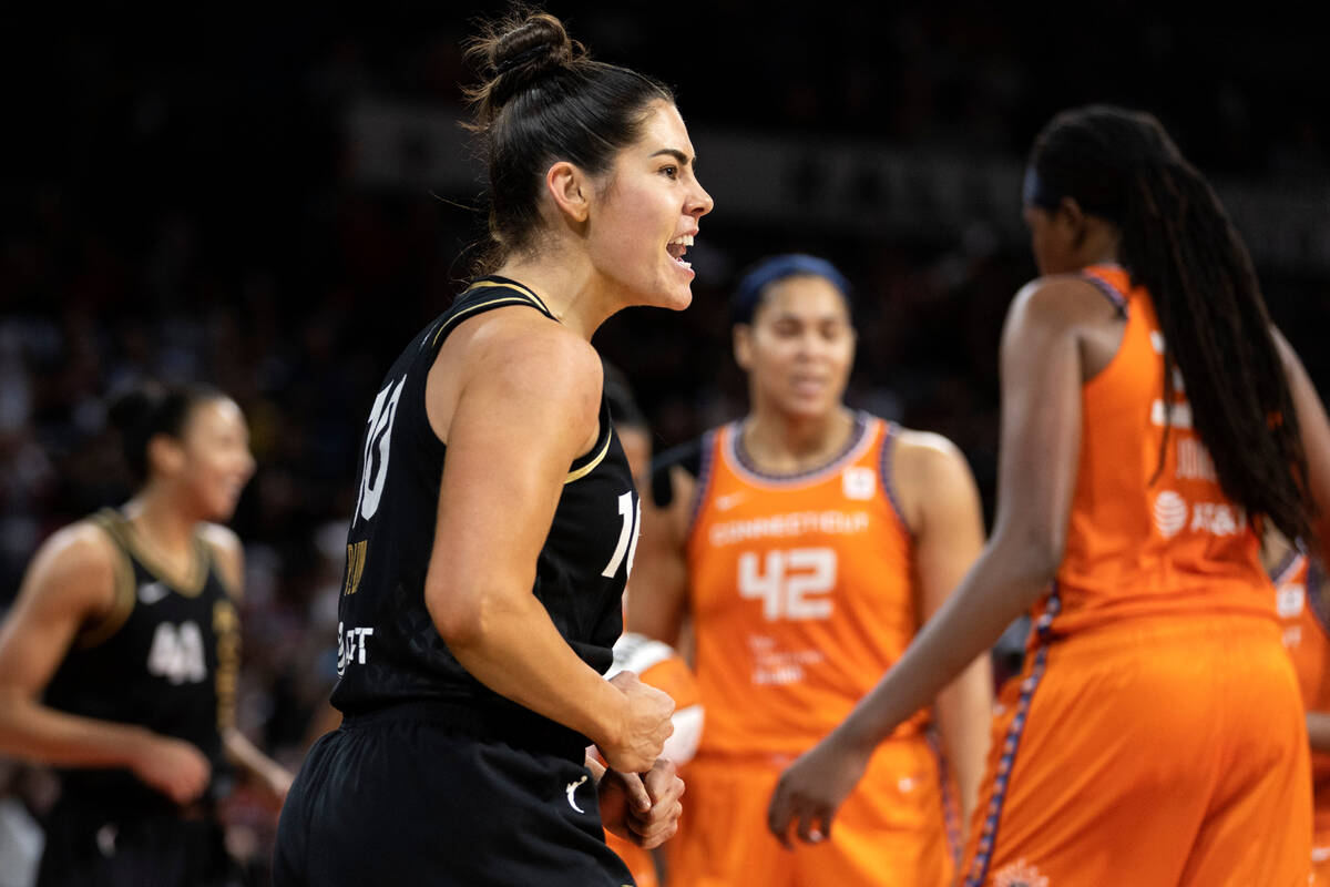 Las Vegas Aces guard Kelsey Plum (10) celebrates after scoring during the second half in Game 2 ...