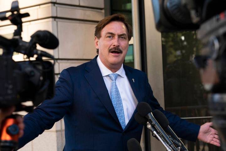 MyPillow chief executive Mike Lindell speaks to reporters outside federal court in Washington, ...