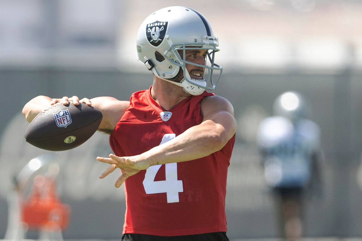 Raiders quarterback Derek Carr (4) throws during practice at the Intermountain Healthcare Perfo ...