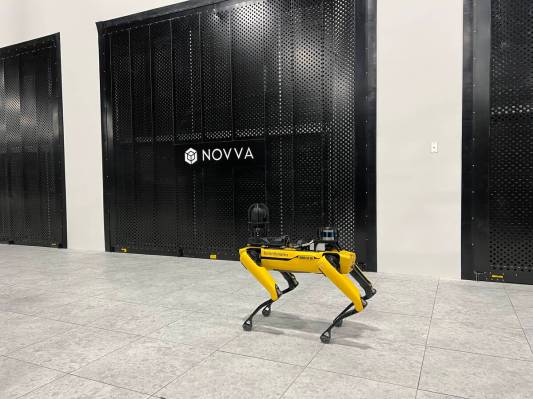 A robotic "dog" that helps with surveillance and environmental monitoring is seen in Novva Data ...