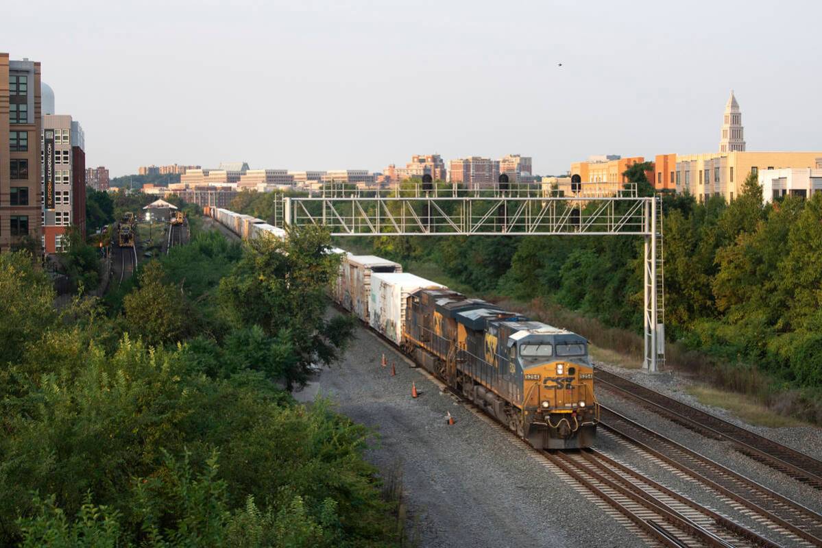 A CSX freight train travels through Alexandria, Va. on Thursday, Sept. 15, 2022. President Joe ...