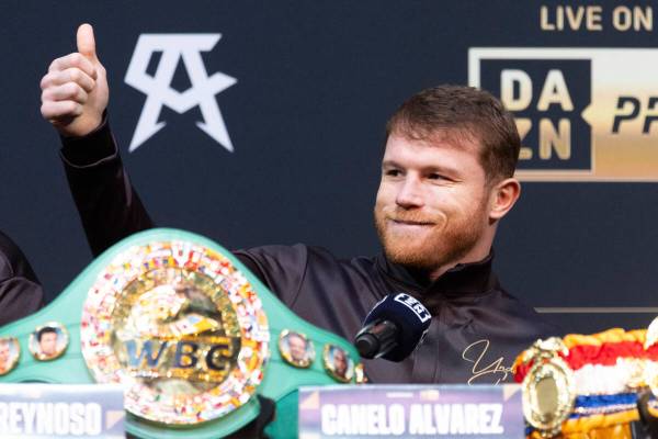 Saul "Canelo" Alvarez gestures during a press conference at the MGM Grand hotel-casin ...