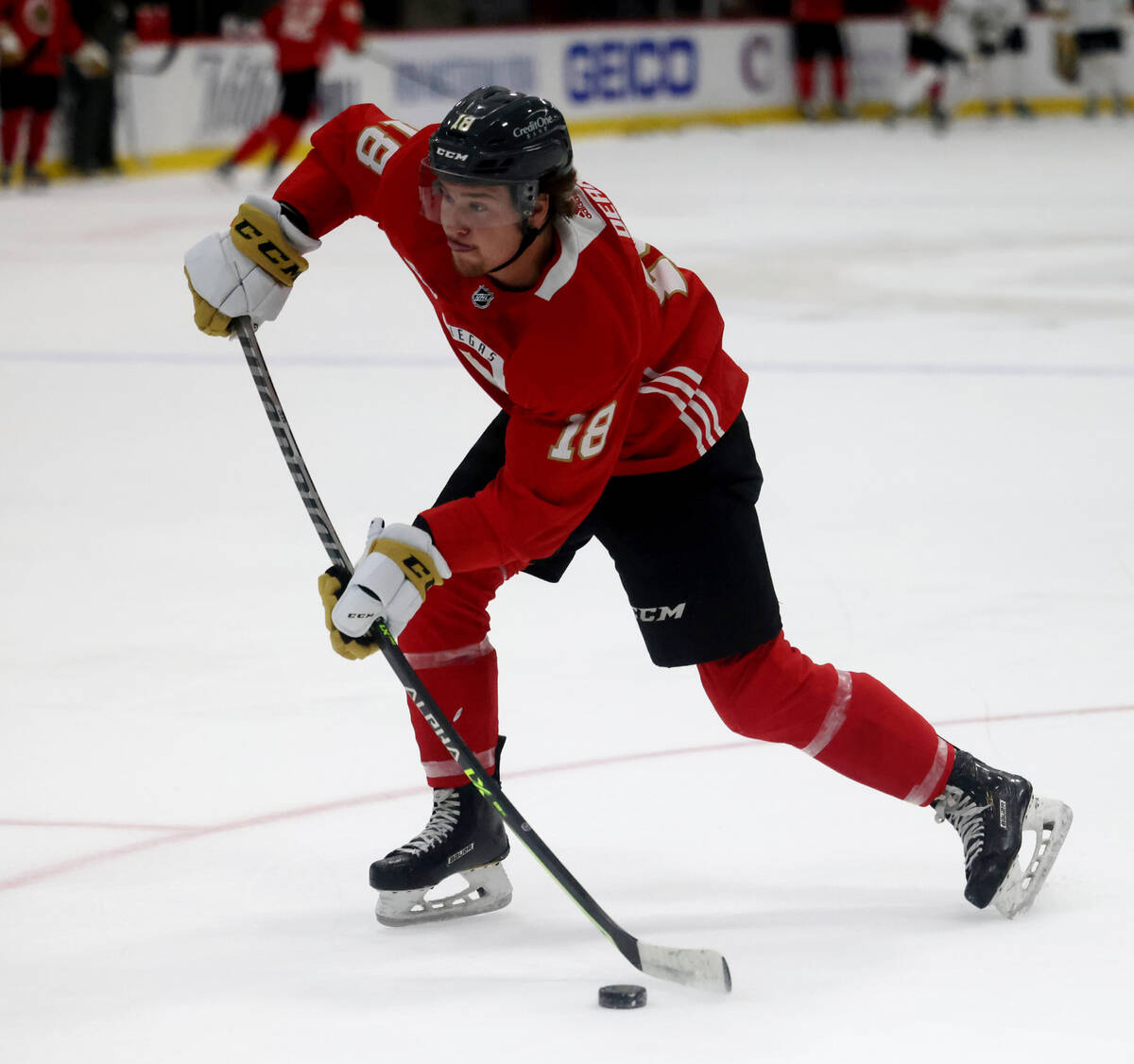 Vegas Golden Knights prospect Zach Dean during rookie camp practice at City National Arena in L ...