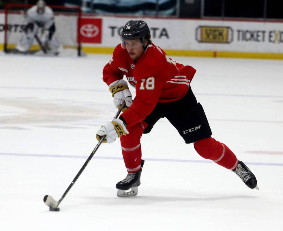 Vegas Golden Knights prospect Zach Dean during rookie camp practice at City National Arena in L ...