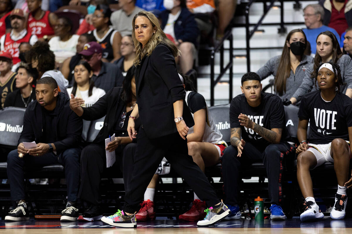 Las Vegas Aces head coach Becky Hammon paces the sidelines during the first half in Game 3 of a ...