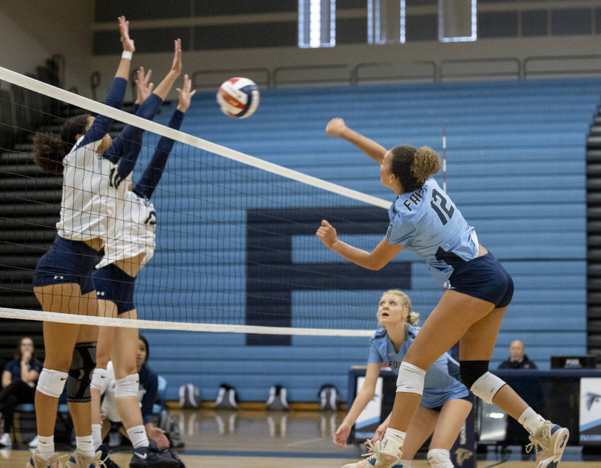 Foothill's Maleya Miles (12) goes up for a hit against Foothill High School on Thursday, Sept. ...