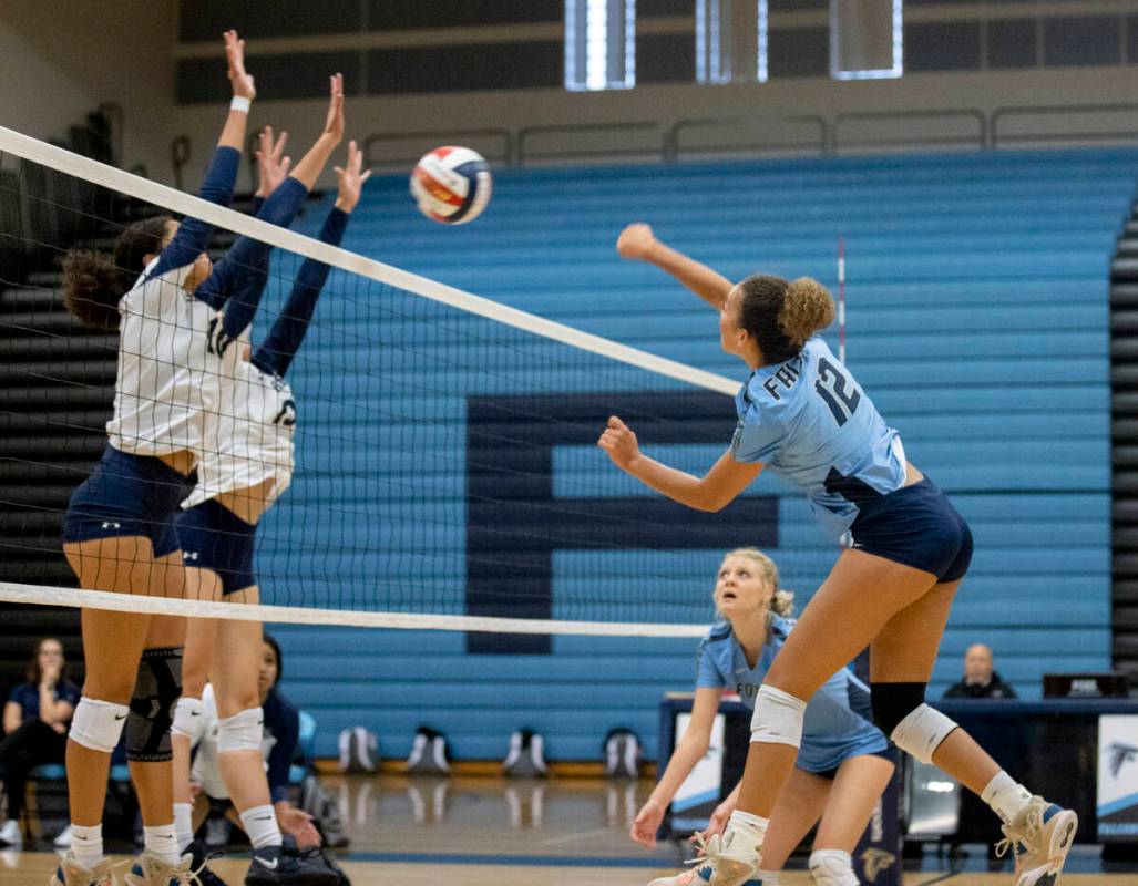 Foothill's Maleya Miles (12) goes up for a hit against Foothill High School on Thursday, Sept. ...