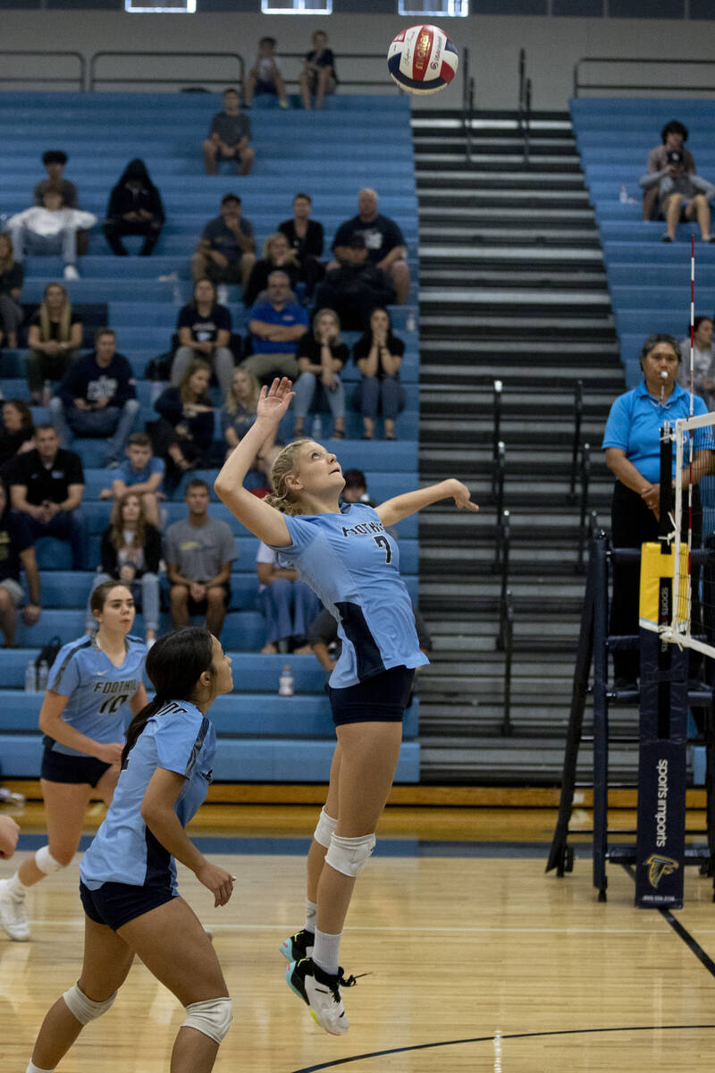 Foothill's Madelyn Neibaur (7) goes up for a hit against Shadow Ridge at Foothill High School o ...