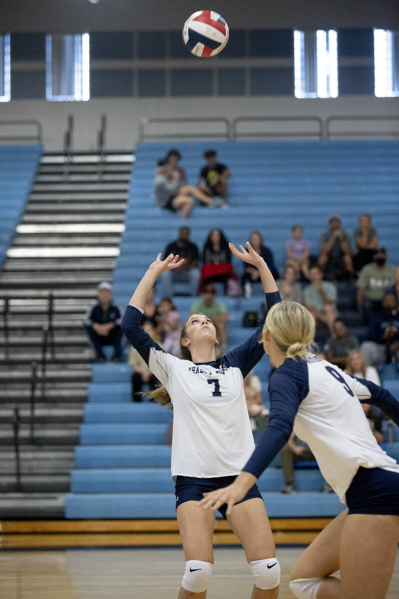 Shadow Ridge's Madi Miller (7) sets the ball for an attach during their game against Foothill H ...