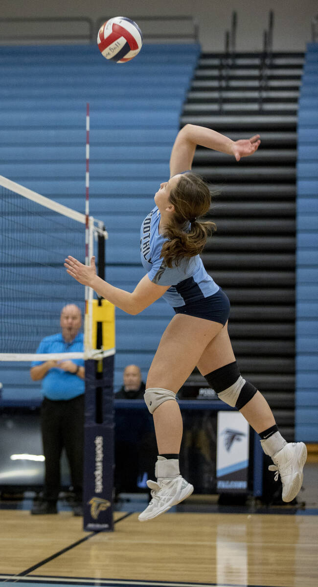 Foothill's Katie Kaepp (4) goes up for a hit against Foothill High School on Thursday, Sept. 15 ...