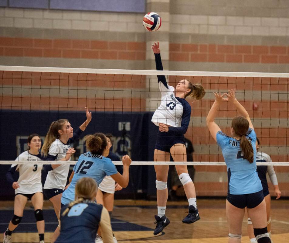 Shadow Ridge's Riah Thurston (13) goes up for a hit at the net against Foothill High School on ...