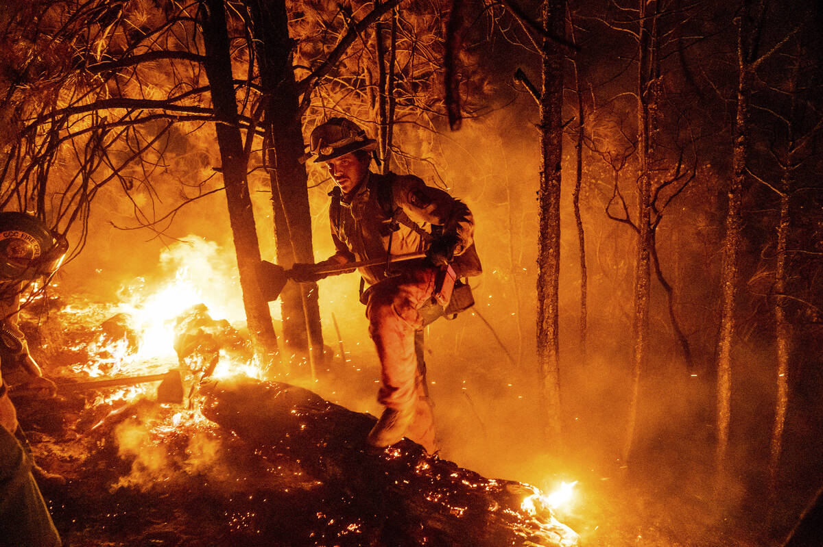 Firefighter Christian Mendoza manages a backfire, flames lit by firefighters to burn off vegeta ...