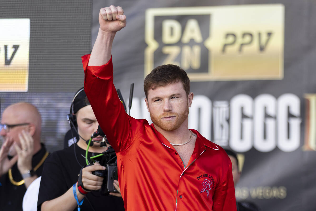 Saul "Canelo" Alvarez takes the stage for a ceremonial weigh-in at Toshiba Plaza in L ...
