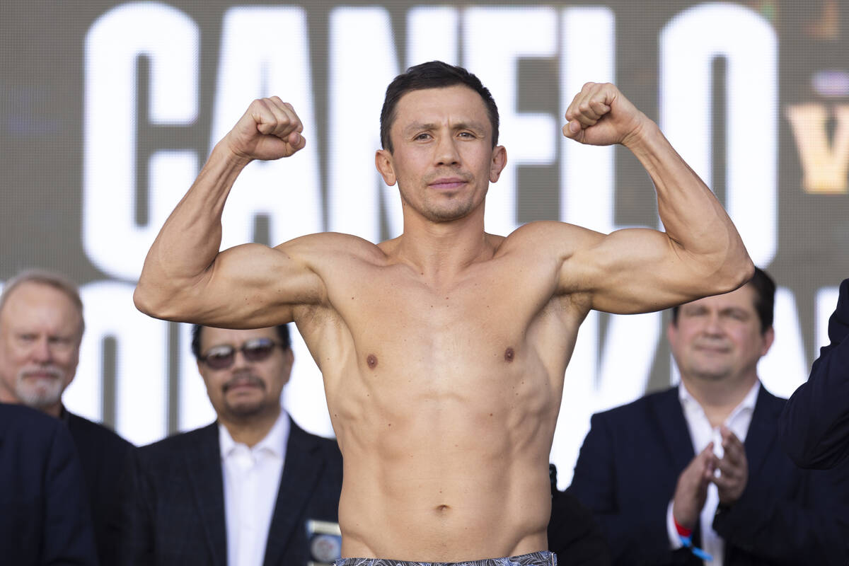 Gennadiy Golovkin stands on the scale during a ceremonial weigh-in at Toshiba Plaza in Las Vega ...