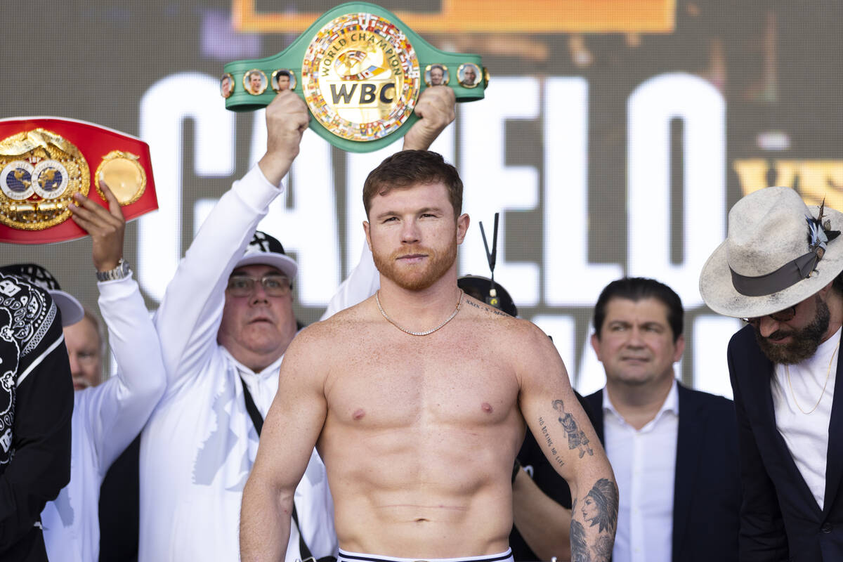Saul "Canelo" Alvarez stands on the scale during a ceremonial weigh-in at Toshiba Pla ...