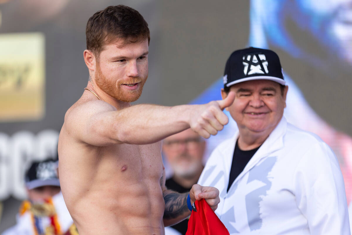Saul "Canelo" Alvarez gestures to the crowd during a ceremonial weigh-in at Toshiba P ...