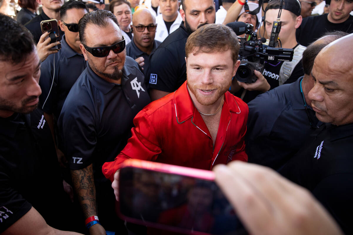 Saul "Canelo" Alvarez, center, greets fans following a ceremonial weigh-in at Toshiba ...