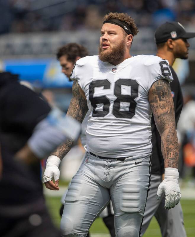 Raiders center Andre James (68) on the field before an NFL game against the Los Angeles Charger ...