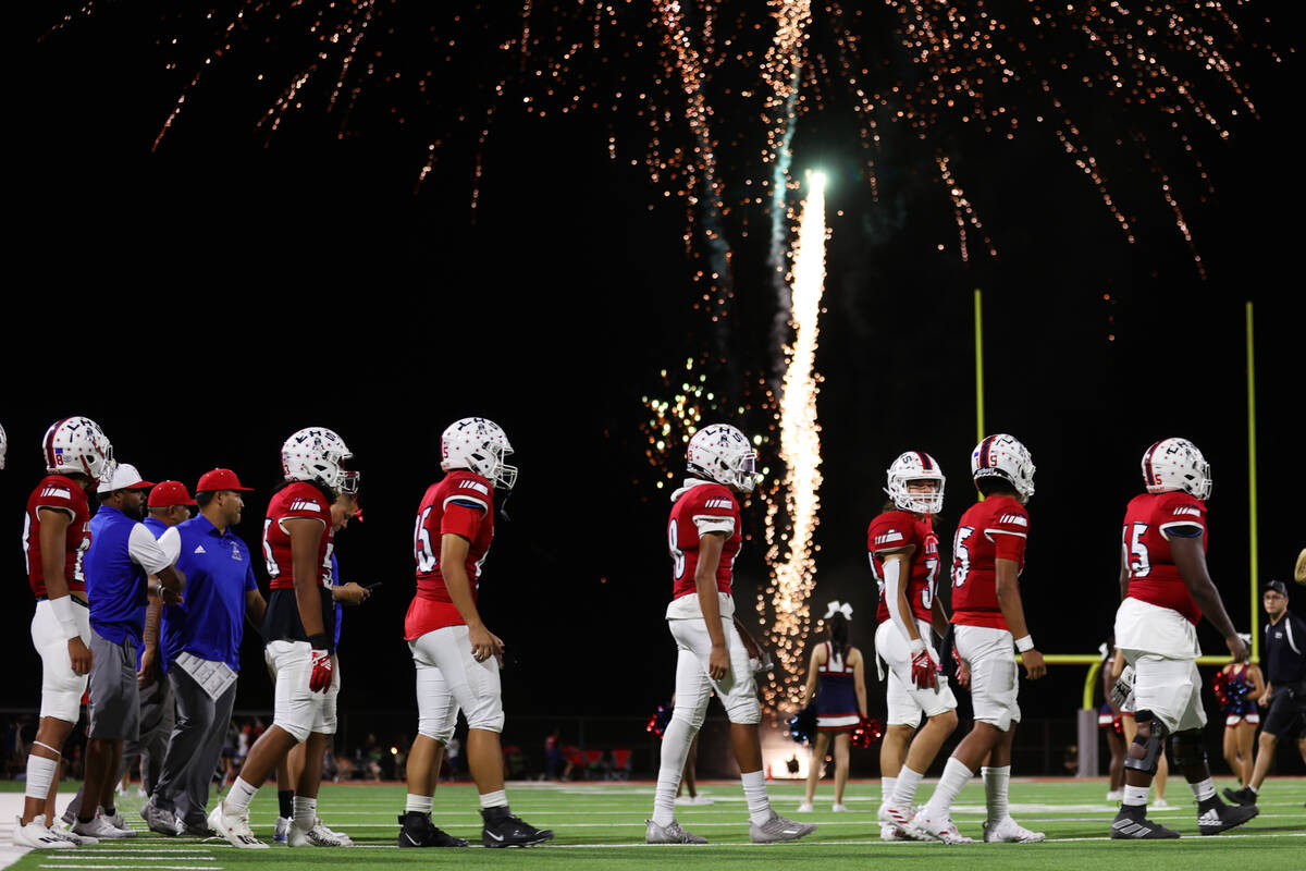 Fireworks light up the sky following a football game between Liberty and Kamehameha Kapalama at ...