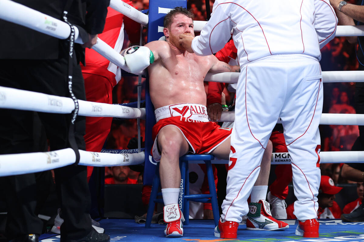 Saul "Canelo" Alvarez sits in the corner in between rounds during a super middleweigh ...