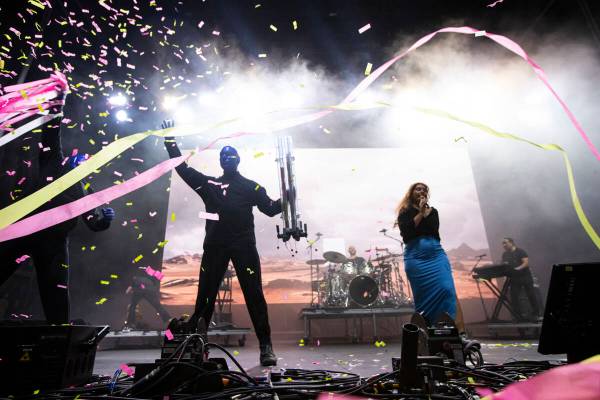 Alessia Cara performs with the Blue Man Group during the Life is Beautiful festival on Saturday ...