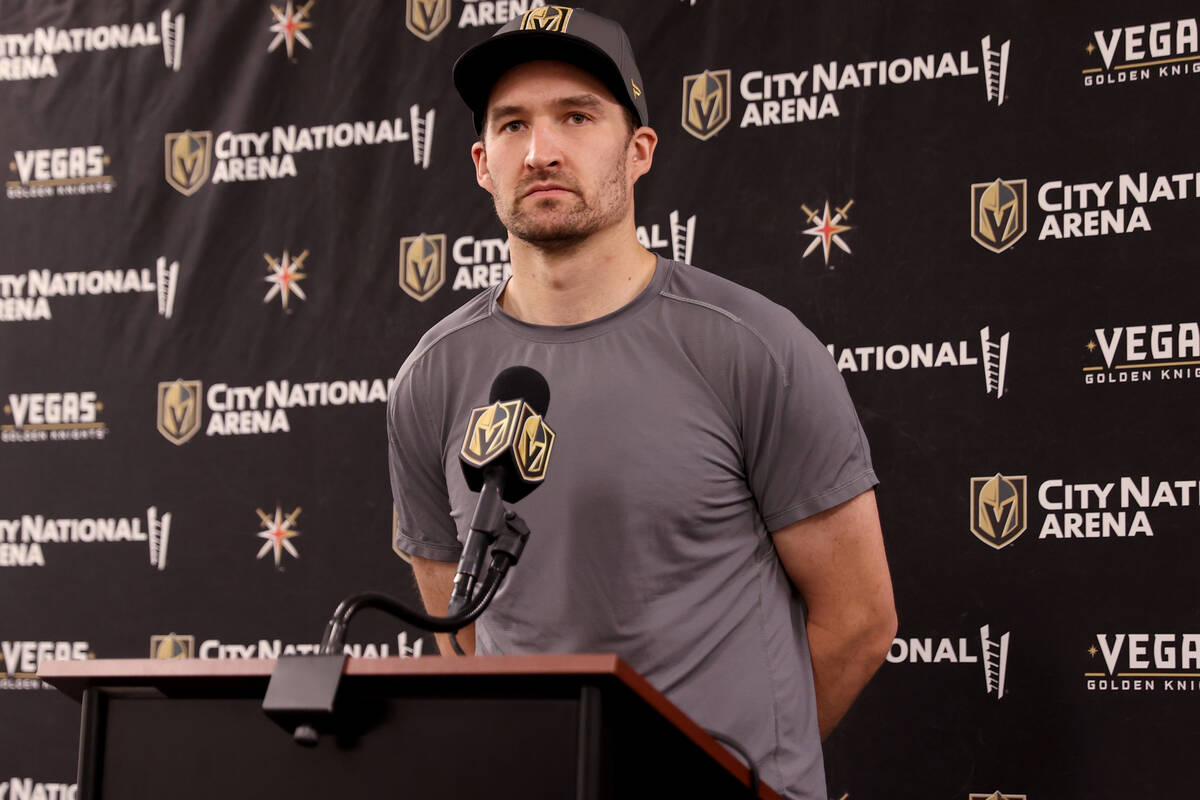 Vegas Golden Knights right winger Mark Stone talks about the 2021-22 season during a news confe ...