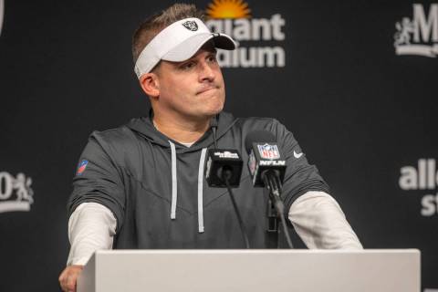 Raiders head coach Josh McDaniels takes questions from the media during a news conference after ...
