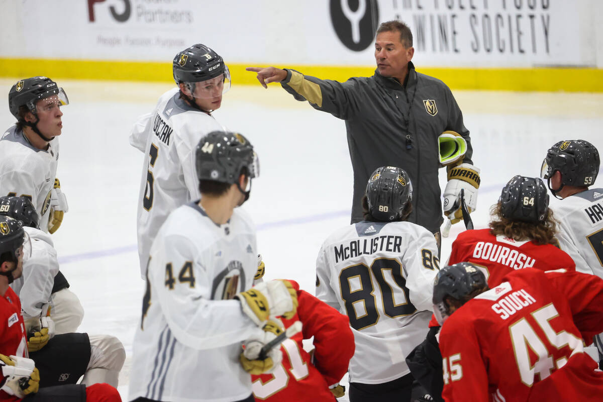Golden Knights head coach Bruce Cassidy speaks to players during development camp at City Natio ...