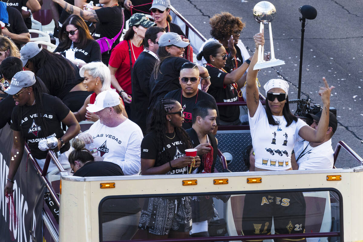 Las Vegas Aces' A'ja Wilson holds up the championship trophy during the team's WNBA Championshi ...