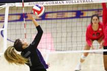 Silverado's Roxy Christensen (7) hits the ball during a volleyball game at Bishop Gorman High S ...