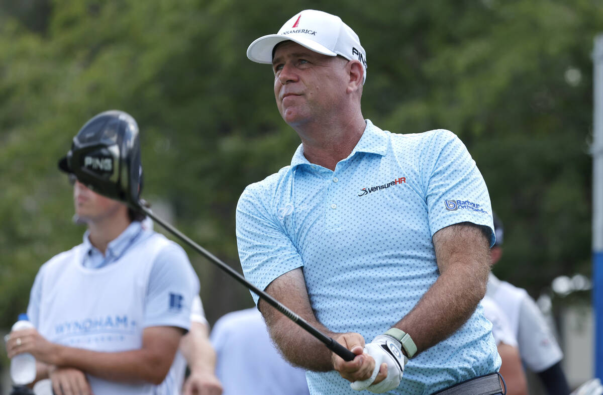Stewart Cink hits his tee shot on the tenth hole during the first round of the Wyndham Champion ...