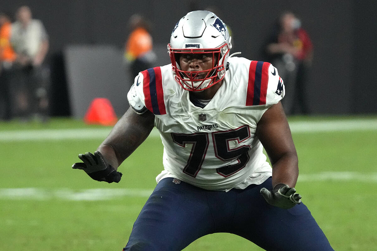 New England Patriots offensive tackle Justin Herron (75) lines up against the Las Vegas Raiders ...