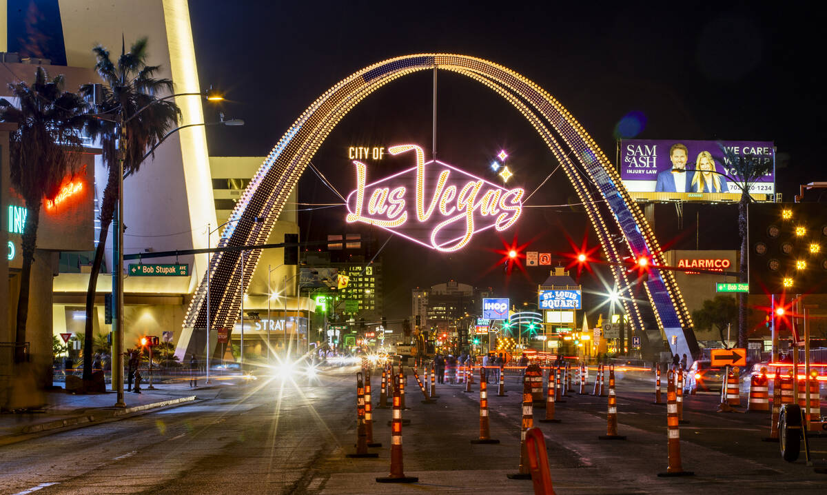 The downtown gateway arches are fully illuminated for the first time on Wednesday, Nov. 18, 202 ...