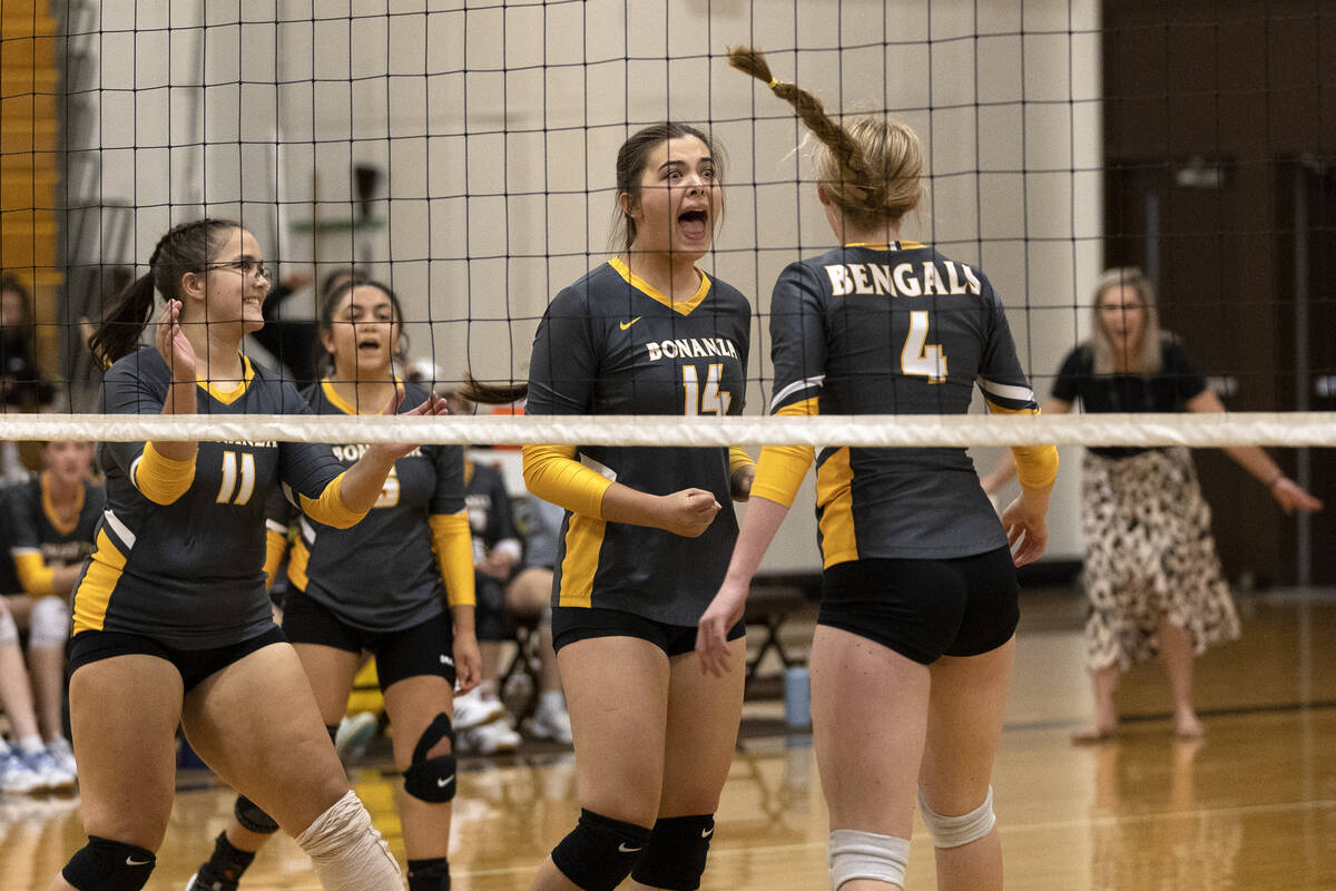 Bonanza players Gaby Rose (11), Sheyenne Harner (5), Hannah Judkins (14) and Clara Jennings (4) ...