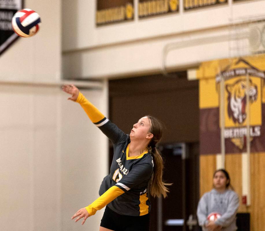 Bonanza’s Jayda Johnson (12) serves to Arbor View during a high school volleyball game a ...