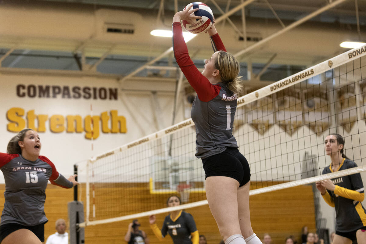 Arbor View’s Sarah Hoofman (1) sets to Piper Halvorson (150 during a high school volleyb ...