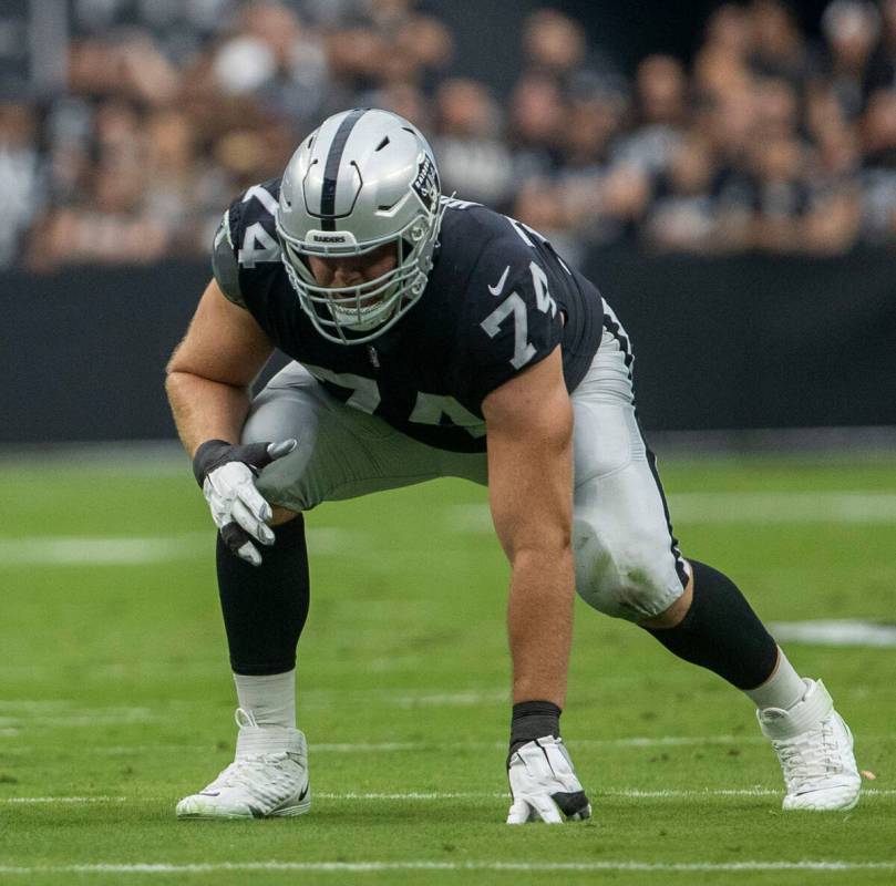 Raiders offensive tackle Kolton Miller (74) sets up on the line of scrimmage during the first h ...