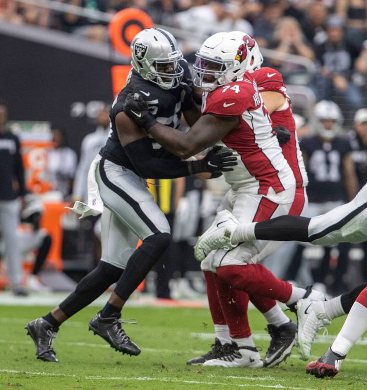 Raiders defensive end Chandler Jones (55) works against Arizona Cardinals offensive tackle D.J. ...