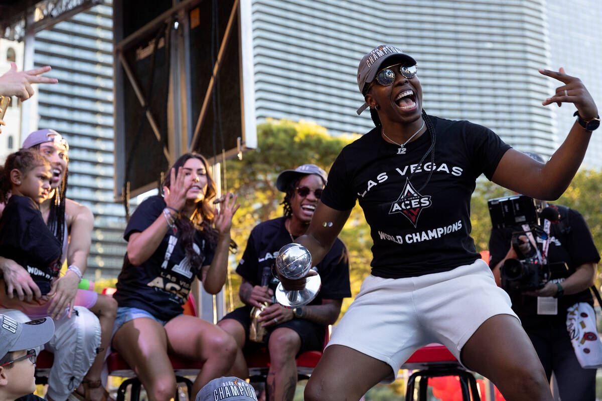 Las Vegas Aces guard Chelsea Gray, who won MVP for the WNBA Finals series, celebrates with the ...